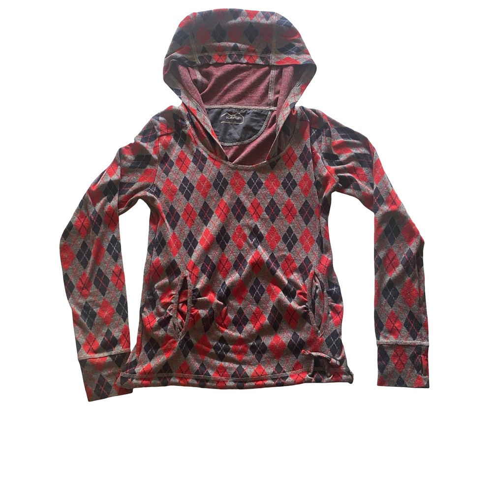 Kavu Argyle Hoodie Long Sleeve Cowl Neck Drawstring Women Red Gray S / M
